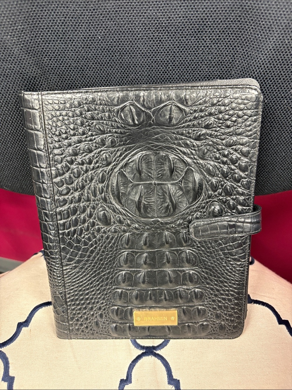Brahmin Black Croc-Embossed Leather Agenda / IPad Cover with Gold Plaque - Picture 2 of 3